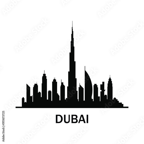Dubai Skyline Silhouette with Burj Khalifa and Burj Al Arab Modern Cityscape Illustration
