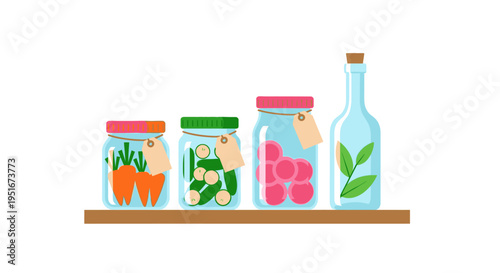 Pickled vegetable jars and herb bottle on wooden shelf