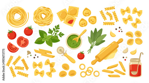 Italian Pasta Ingredients Collection with Fresh Vegetables and Herbs