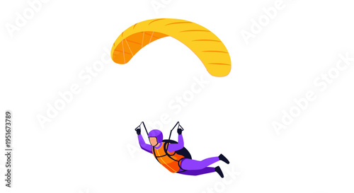 Skydiver Gliding with Yellow Parachute Isolated on White