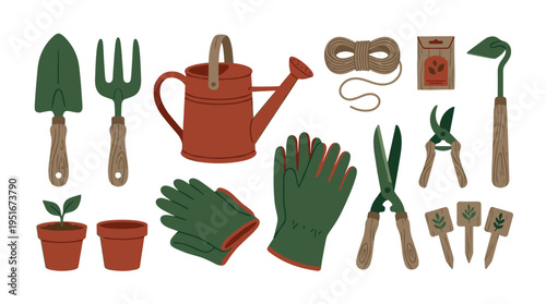 Set of Gardening Tools and Equipment for Planting and Yard Maintenance