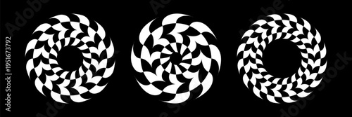 Set of Abstract Circle Design Elements with Optical Illusion of Rotation Movement on Black Background.