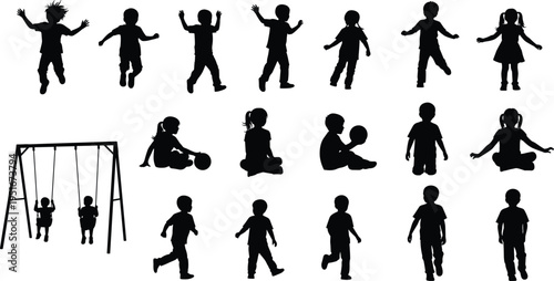 Children silhouettes set vector illustration kids playing jumping running sitting swing playground activity collection black silhouette bundle isolated design pack