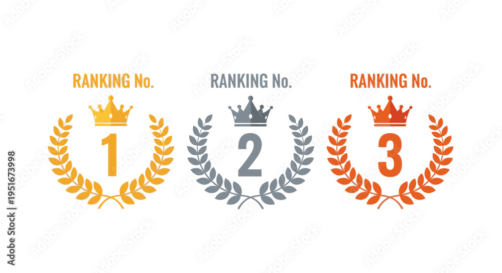 Obraz premium Top three ranking award icons with laurel wreath and crown