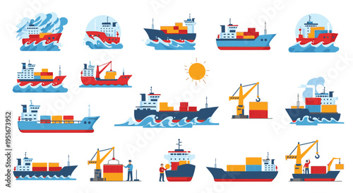 Cargo ship and container vessel vector set for maritime logistics