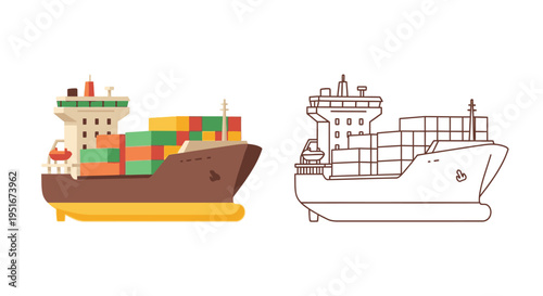 Container ship cargo vessel illustration and line art outline
