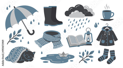 Cozy Rainy Day Elements Collection with Umbrella Boots and Hot Drink