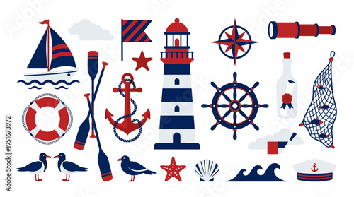 Nautical elements set with lighthouse and marine icons