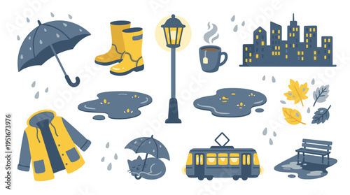 Rainy Day City Elements Set with Umbrella Boots and Cozy Coffee