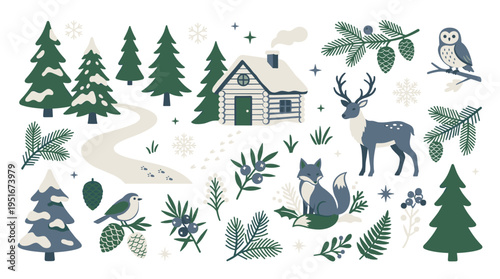 Winter Forest Elements Set with Cabin Deer Fox and Pine Trees
