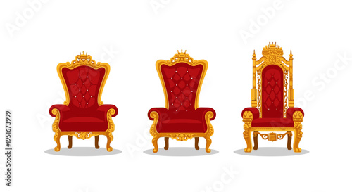 Set of Royal Golden Thrones with Red Velvet Isolated on White