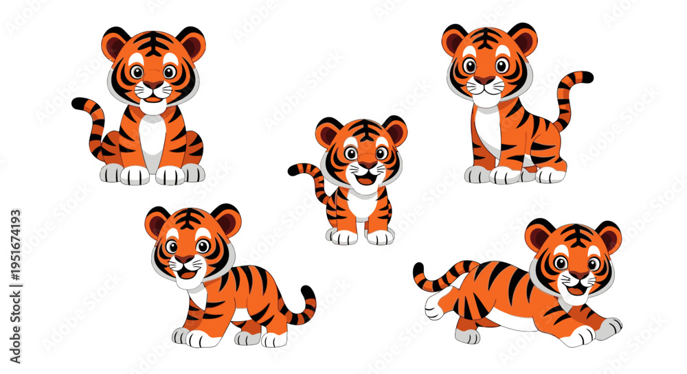 Obraz premium Cartoon Tiger Cub Character Set Isolated on White Background