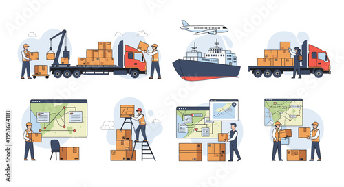 Global logistics and shipping set with workers, trucks and tracking