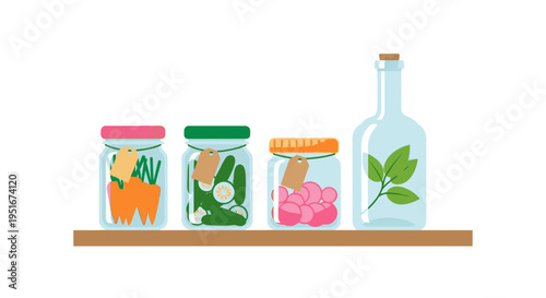 Fermented vegetables in glass jars on wooden shelf illustration