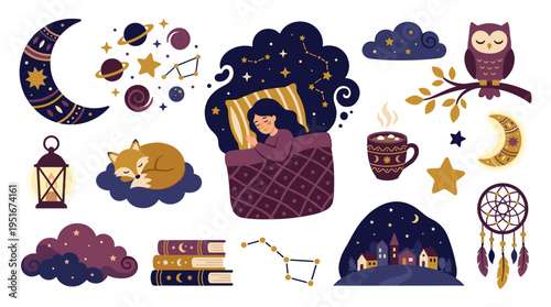 Cozy Night Elements Set with Sleeping Girl and Celestial Objects