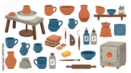 Pottery Workshop Tools and Ceramic Items Collection
