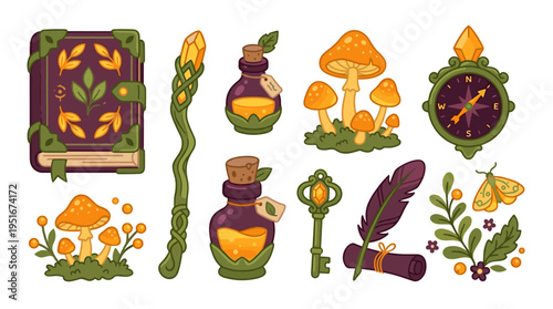 Magical Forest Elements Collection with Wizard Items and Enchanted Objects