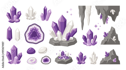 Set of amethyst crystal clusters and gemstones in pixel art style