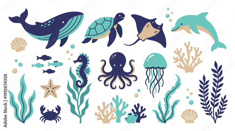 Fototapeta premium Set of cute sea animals and marine life elements