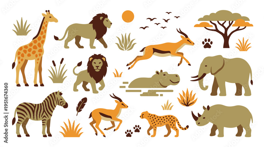 Obraz premium Set of African Safari Animals in Flat Style