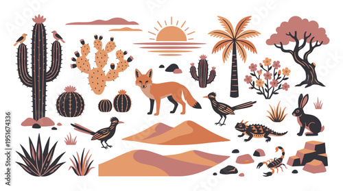 Desert Landscape Elements Set with Animals and Plants