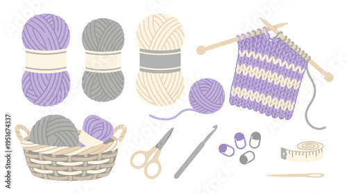Knitting and Crochet Craft Supplies Set with Yarn Balls and Tools