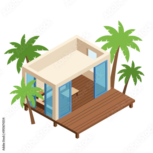 Modern Beach House with Palm Trees.