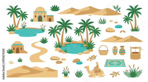 Desert Oasis Elements Set with Palm Trees Dunes and Traditional Arabian Architecture