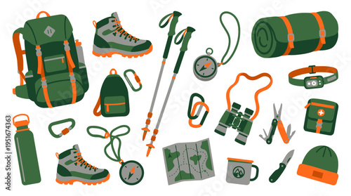 Camping and Hiking Gear Equipment Set