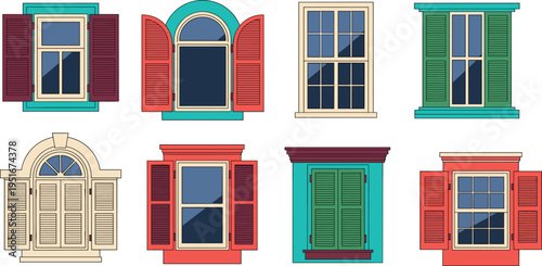 Colorful window set with shutters vector illustration vintage house facade elements architectural frames classic design collection isolated decorative bundle pack