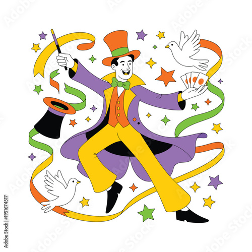 A colorful illustration of a magician performing a magic trick