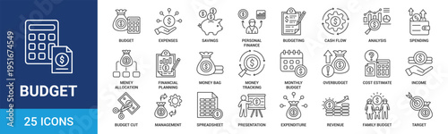 Budget icon set. Containing expenses, savings, personal finance, budgeting, cash flow, analysis, spending and more. Line vector icons collection.