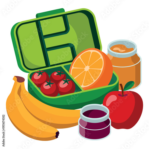 A colorful illustration of a green lunchbox with fresh fruit and jars of jam on a clean white background