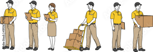 Courier service workers set vector illustration delivery staff carrying boxes clipboard trolley logistics shipping uniform characters isolated collection bundle pack