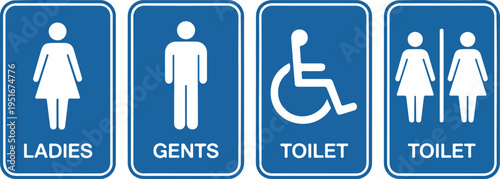 Minimalist Bathroom Sign Icon Set Showing Ladies, Gents, Accessible, and Female Toilet Symbols in Blue and White Design