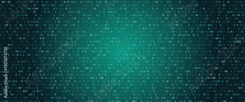 Binary code background with greenish blue digital matrix of 1s and 0s for tech and data concepts