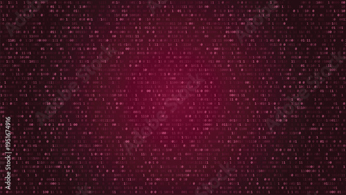 Binary code background with pinkish red hue and digital matrix pattern for tech and coding concepts