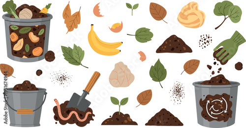 Composting and Organic Waste Recycling Illustration Set with Food Scraps, Compost Bin, Soil, Leaves and Gardening Elements