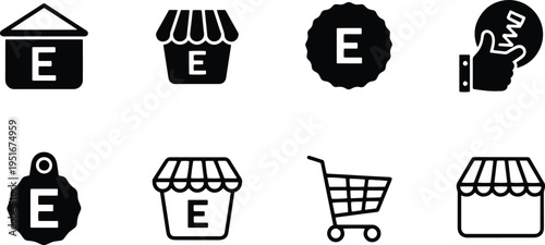 A set of vector line art silhouettes depicting various e-commerce and shopping icons on a white background