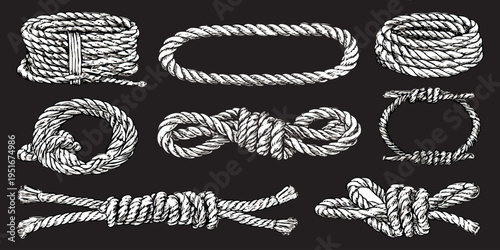 Hand drawn rope knots and coils collection in vintage engraving style on black background vector illustration