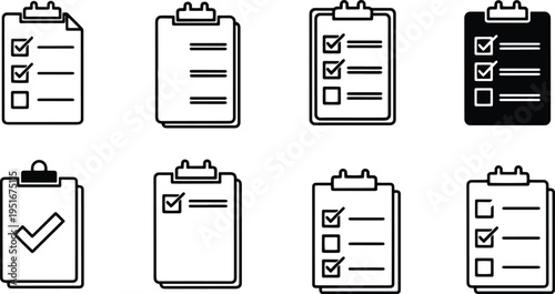 A set of vector line art clipboards with checklists in silhouette style for business and organization use