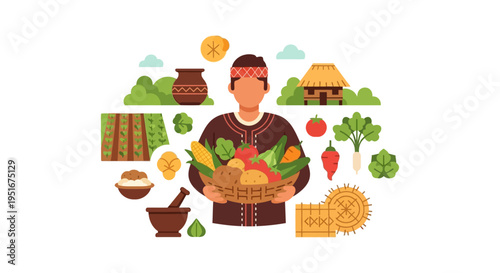 Traditional Farmer Holding Abundant Harvest Basket of Fresh Vegetables, Corn, and Potatoes. Flat Design Agriculture Vector Illustration