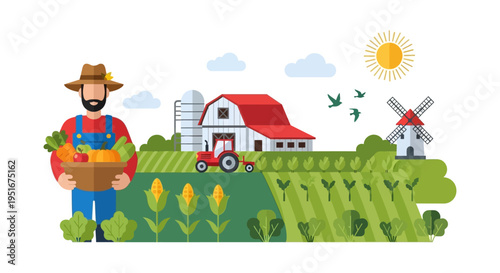 Farmer and Farm Scene Illustration. Agricultural Harvest, Barn, Tractor, and Windmill Landscape. Flat Design Organic Food Vector.