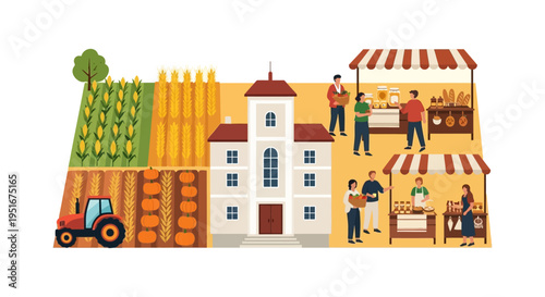 Farmer's Market and Agriculture Ecosystem Illustration: Local Food Stands, Harvest Fields (Corn, Wheat, Pumpkin), Farm Building, and Tractor.