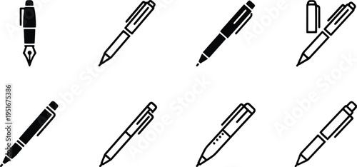 A set of vector line art pens and pencils in silhouette style for illustration purposes