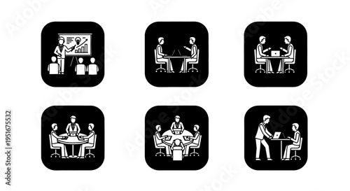 Diverse business meeting scenarios depicted in simple, modern icons.