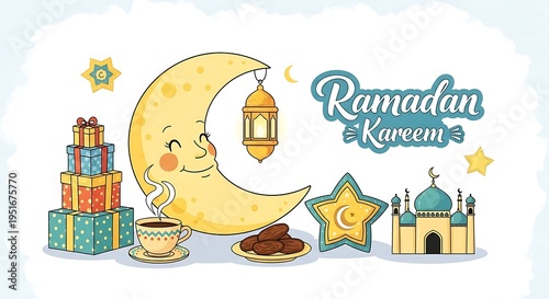Ramadan Kareem Celebration with Moon, Gifts, and Mosque.