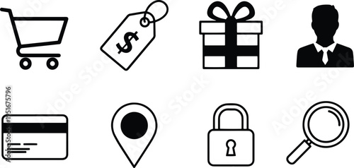 A set of vector line art silhouettes depicting various shopping and security icons on a white background