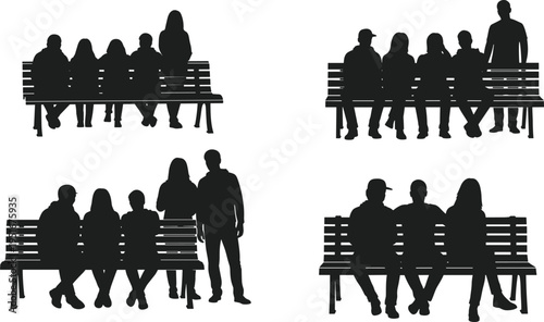 People sitting on benches silhouette set, group scenes, public park life, social interaction, urban lifestyle concept, minimal black white vector illustration