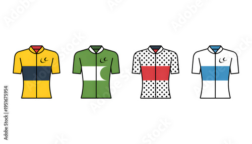 flat vector icon set of professional cycling leader jerseys including yellow green polka dot and white jersey for sports competition and racing design